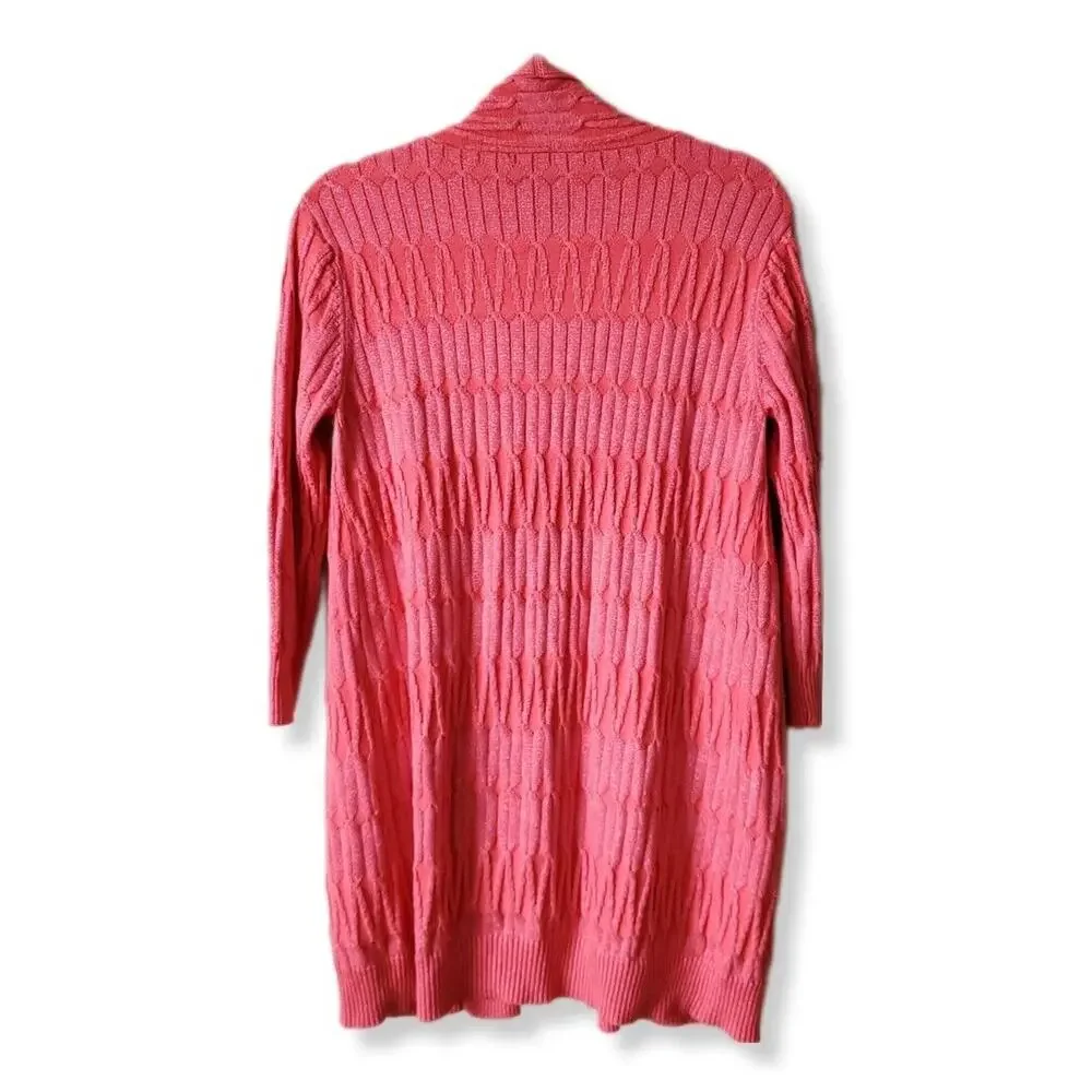 Women Pink Shimmer Long Cable Cardigan Sweater XS Career Preppy Classic Casual